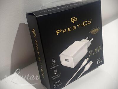 Laadija Prestico F6S 1x USB + Juhe Lightning 2.1A valge UUS!