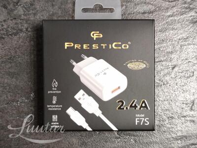 Laadija PRESTICO F7S 1xUSB + Juhe USB Type-C 2.4A valge
