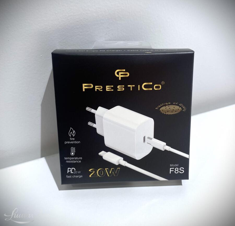 Laadija Prestico F8S USB-C/Lihgtning Cable 20W PD valge UUS!