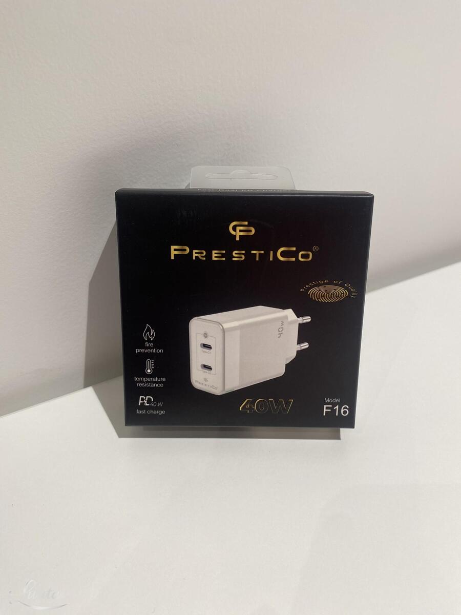 Laadija Prestico F16 2xUSB-C 40W PD valge UUS!