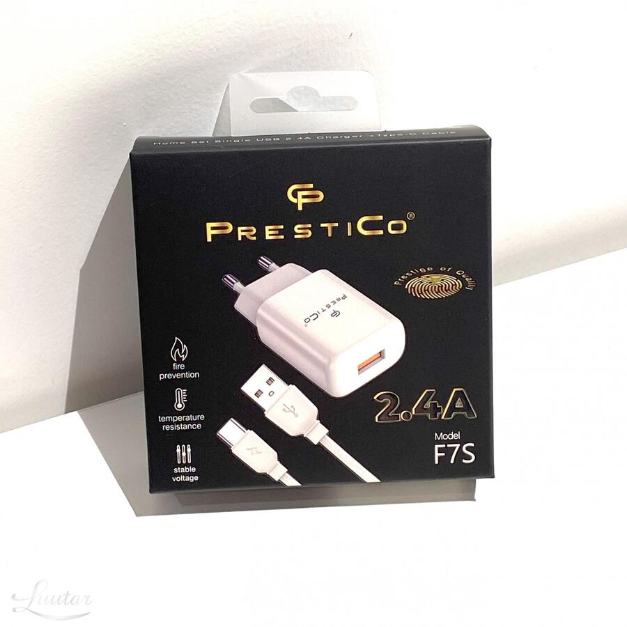 Laadija PRESTICO F7S 1xUSB + Juhe USB Type-C 2.4A Valge