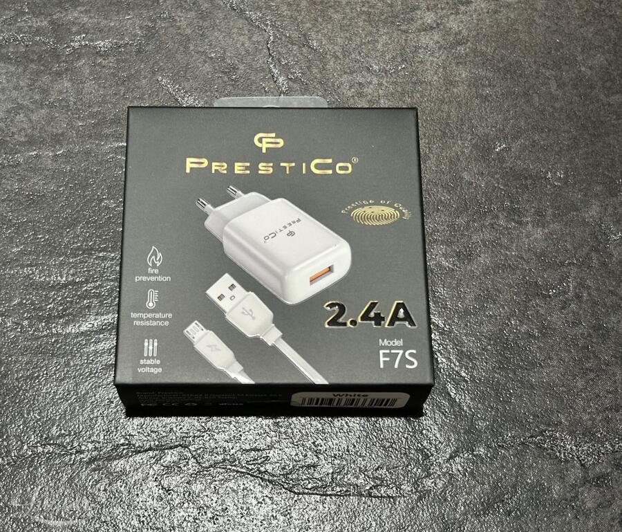 Laadija PRESTICO F7S 1xUSB + Juhe microUSB 2.4A Valge