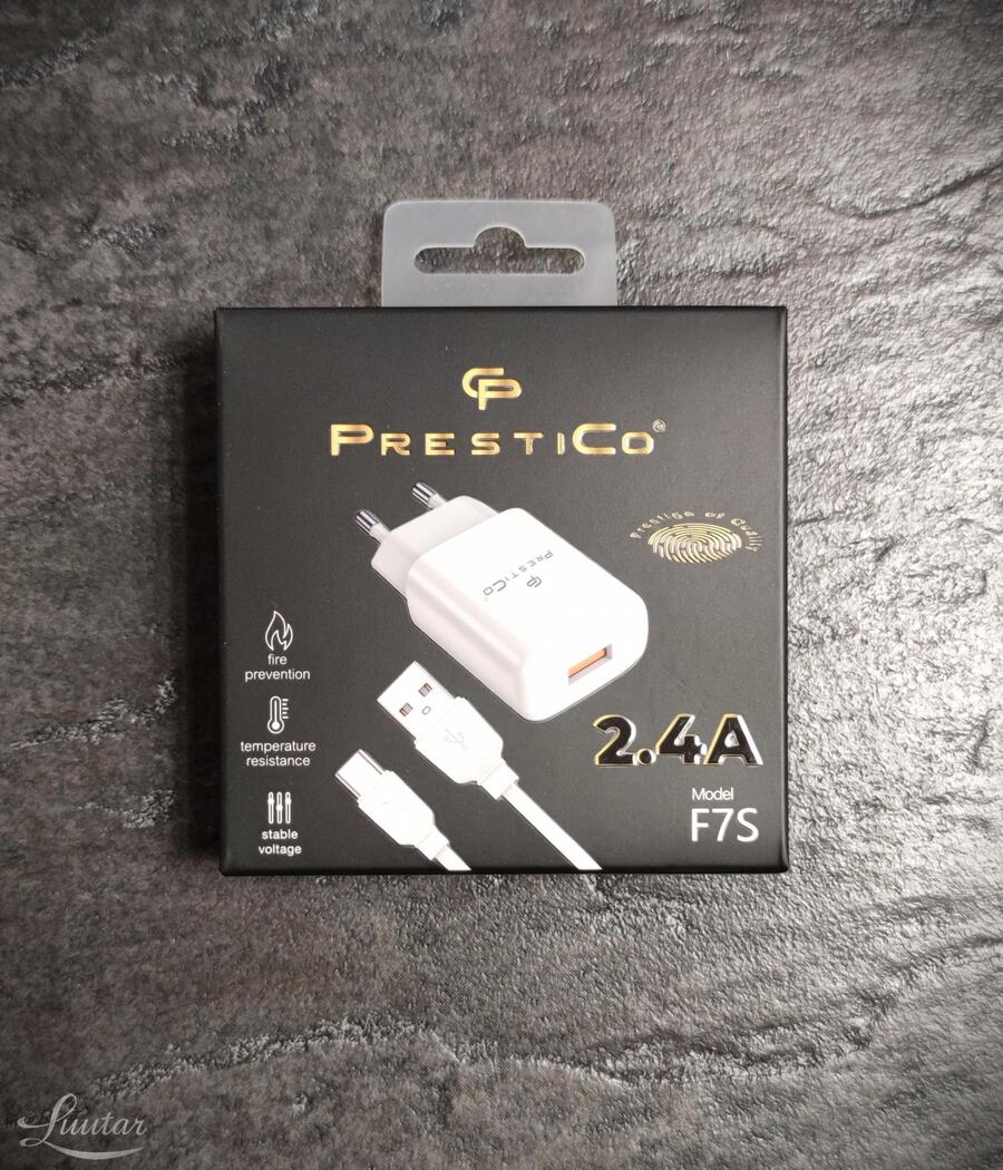 Laadija PRESTICO F7S 1xUSB + Juhe USB Type-C 2.4A Valge