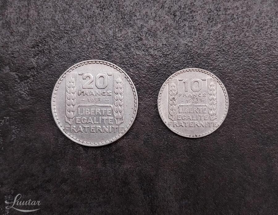 Hõbemündid "Prantsusmaa 20frankov, 10frankov 1933a"