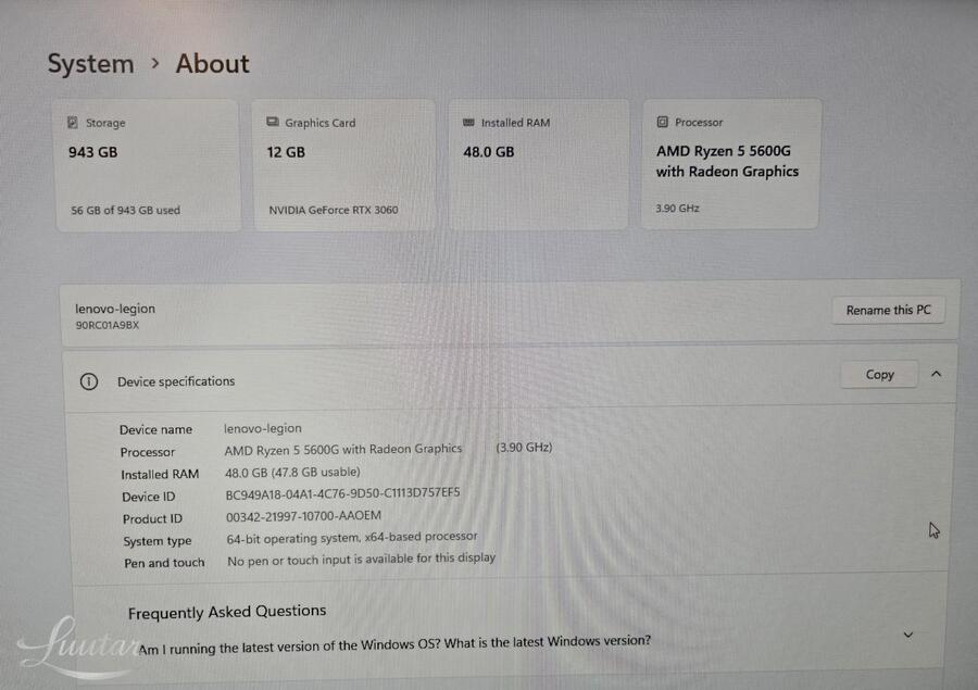 Lauaarvuti Ryzen 5 5600G RTX 3060 48GB RAM 512GB SSD