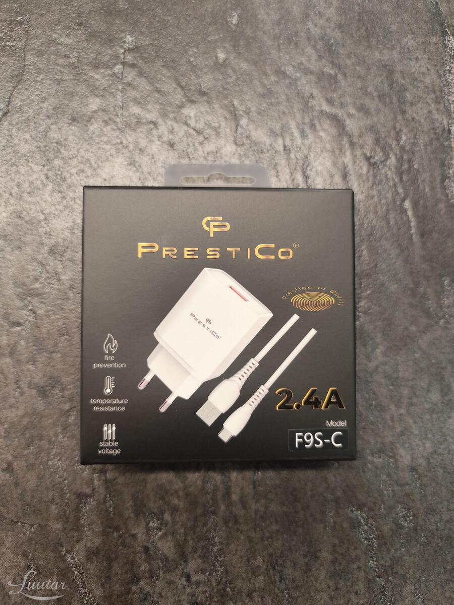 Laadija PRESTICO F9S 1xUSB + Juhe USB-C 2.4A valge