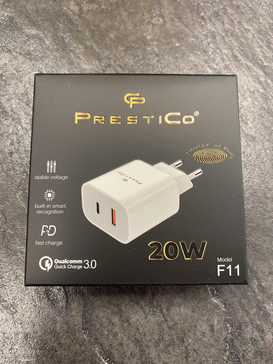 Laadija PRESTICO F11 1xUSB + USB-C QC PD 20W valge UUS