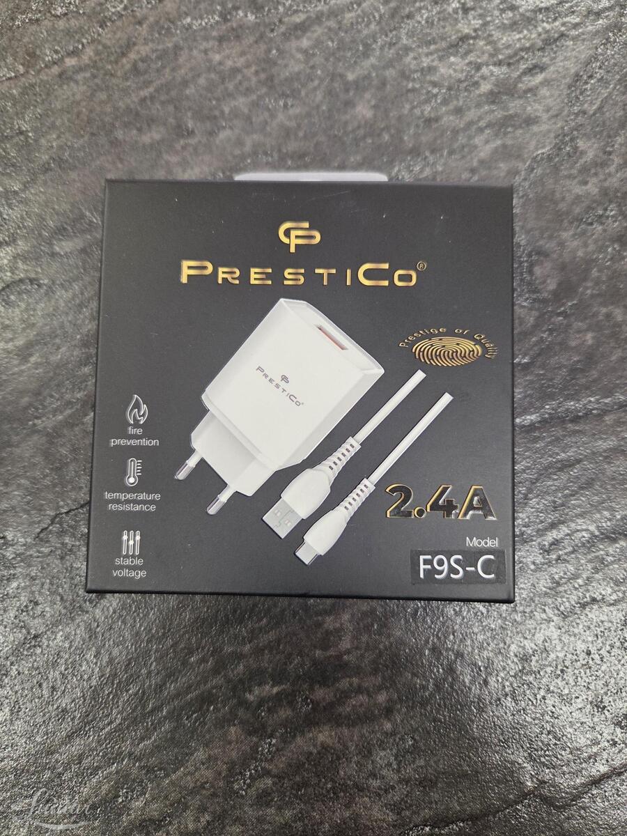Laadija PRESTICO F9S 1xUSB + Juhe USB Type-C 2.4A Valge