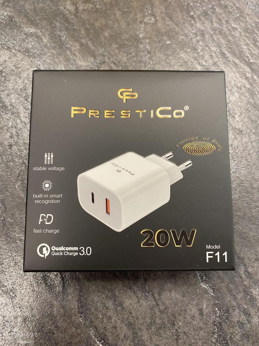 Laadija PRESTICO F11 1xUSB + USB-C QC PD 20W valge