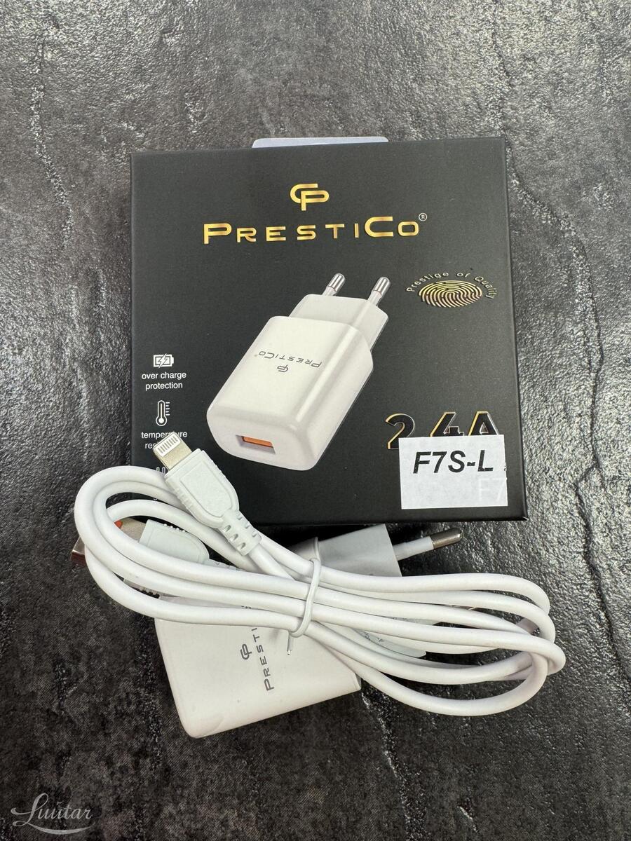 Laadija PRESTICO F7S 1xUSB + Juhe Lightning 2.4A valge UUS!