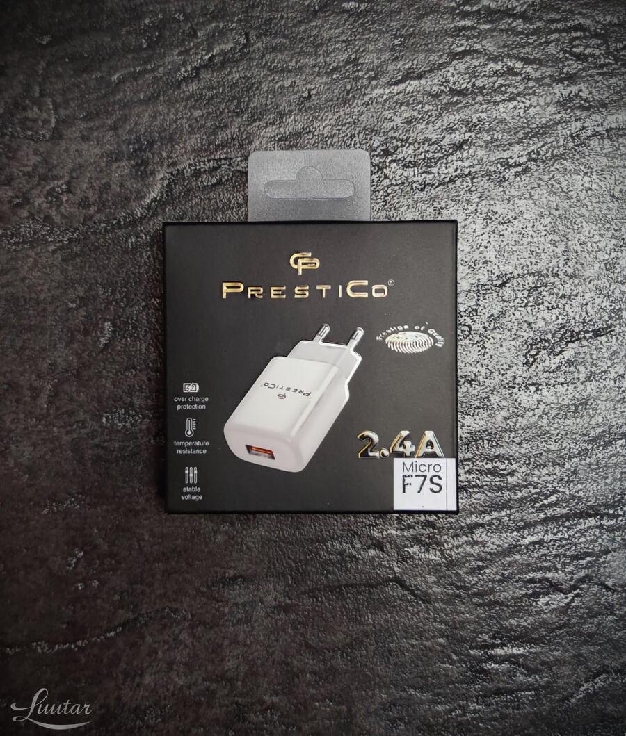 Laadija PRESTICO F7S 1xUSB + Juhe microUSB 2.4A