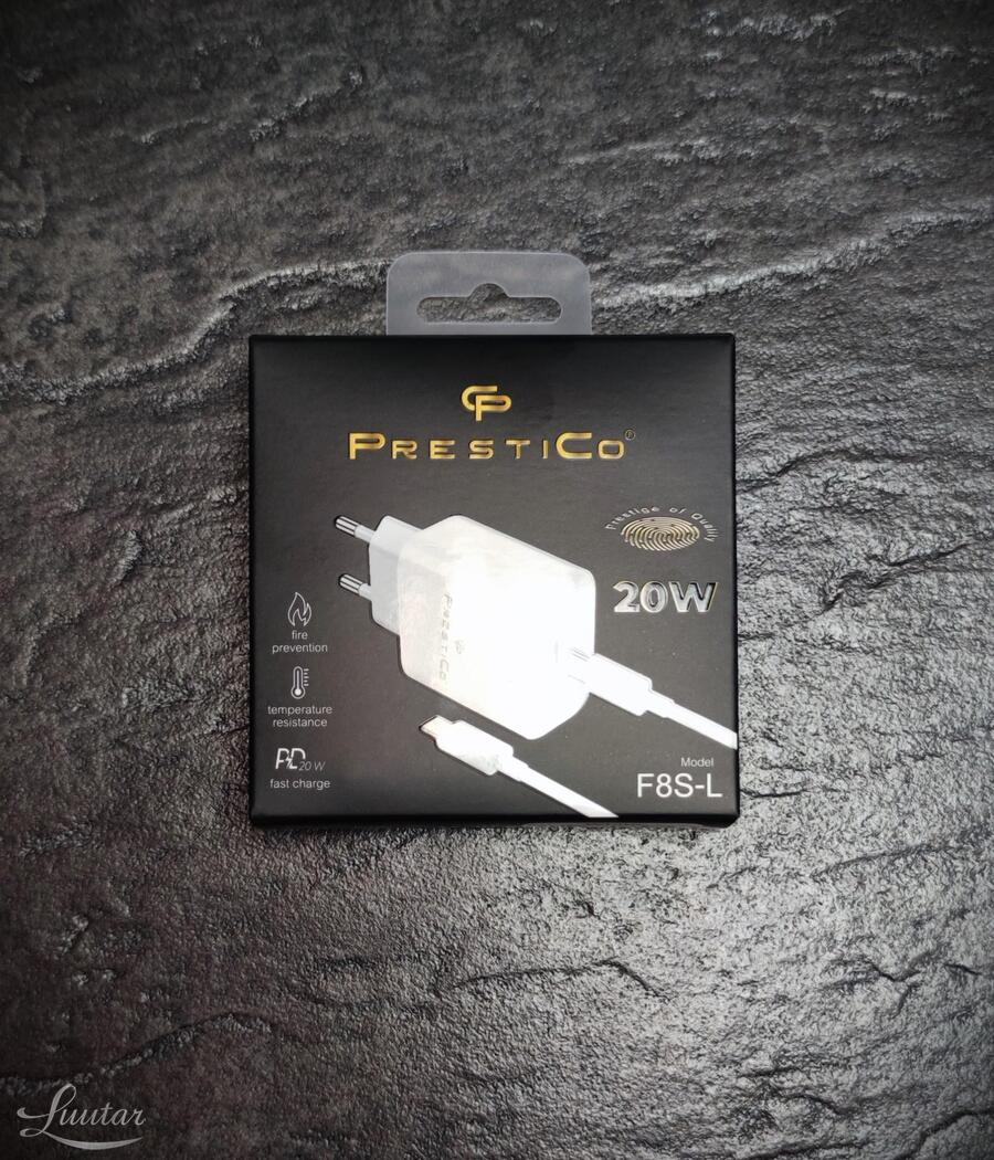 Laadija PRESTICO F8S 1xType-C + Juhe Lightining 20W PD valge