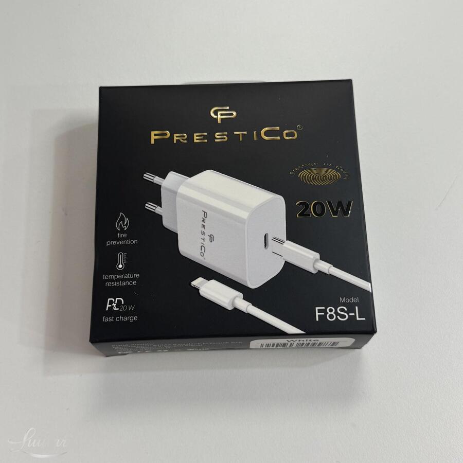 Laadija PRESTICO F8S 1xUSB-C + Juhe Lightning 20W PD valge UUS!