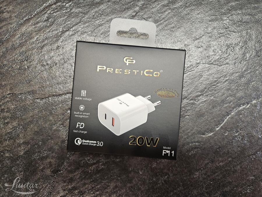 Laadija PRESTICO F11 1xUSB + USB-C QC PD 20W valge UUS!