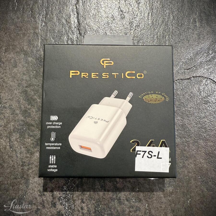 Laadija PRESTICO F7S 1xUSB + Juhe Lightning 2.4A Valge UUS!