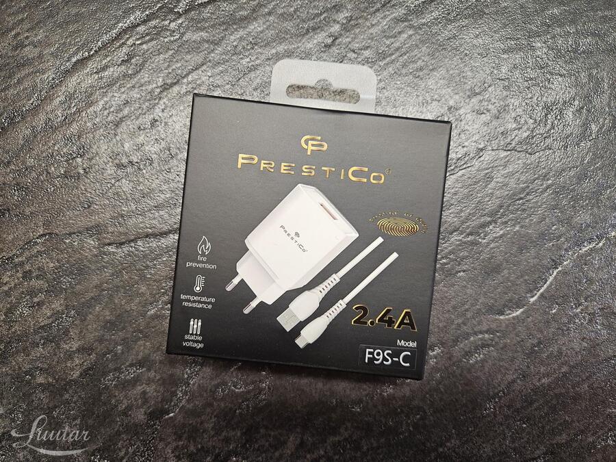 Laadija PRESTICO F9S 1xUSB + Juhe USB-C 2.4A valge