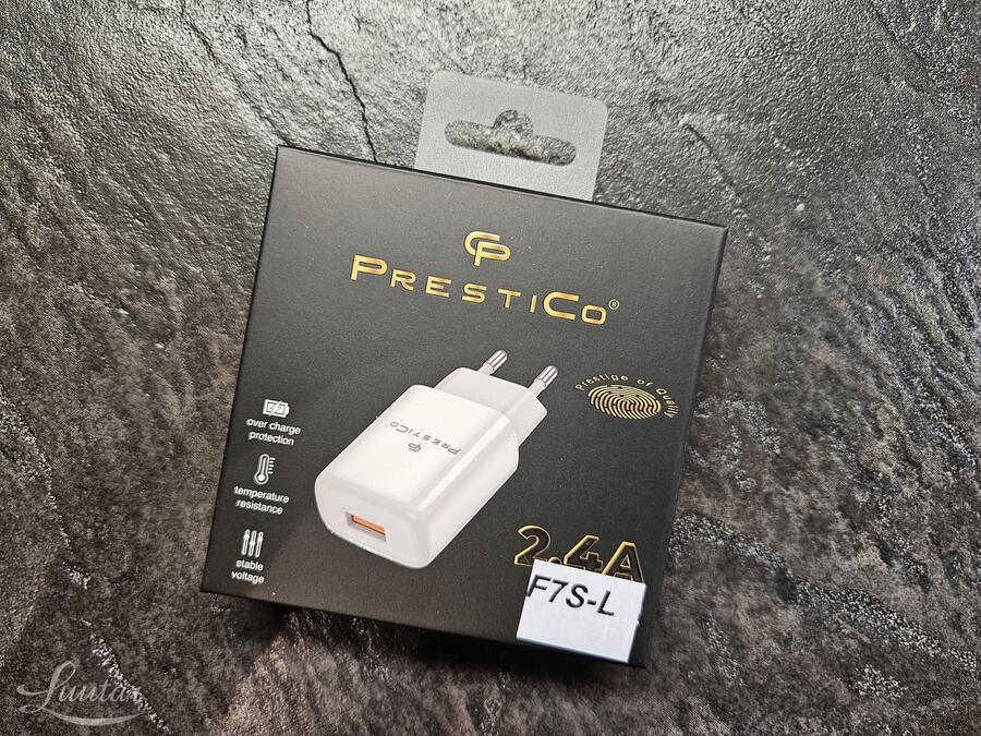 Laadija PRESTICO F7S 1xUSB + Juhe Lightning 2.4A valge UUS!