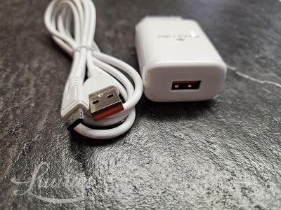 Laadija PRESTICO F7S 1xUSB + Juhe microUSB 2.4A valge UUS!