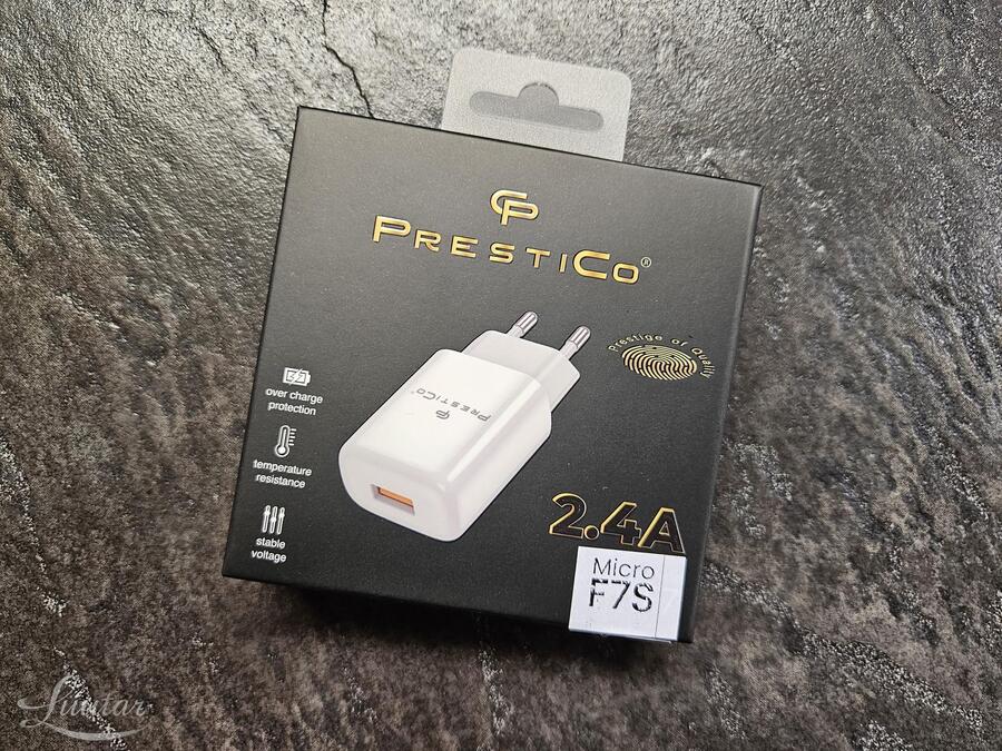 Laadija PRESTICO F7S 1xUSB + Juhe microUSB 2.4A valge UUS!