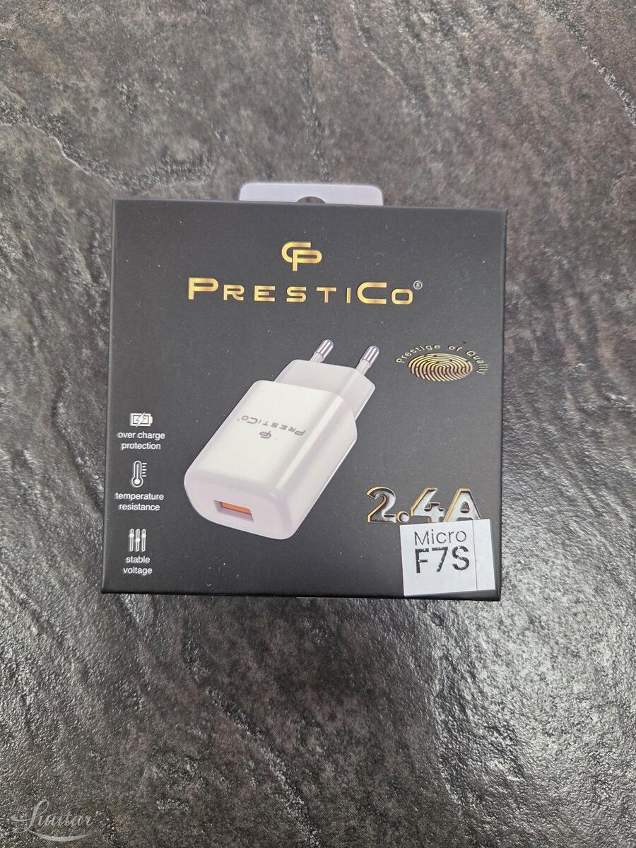 Laadija PRESTICO F7S 1xUSB + Juhe micro USB2.4A Valge
