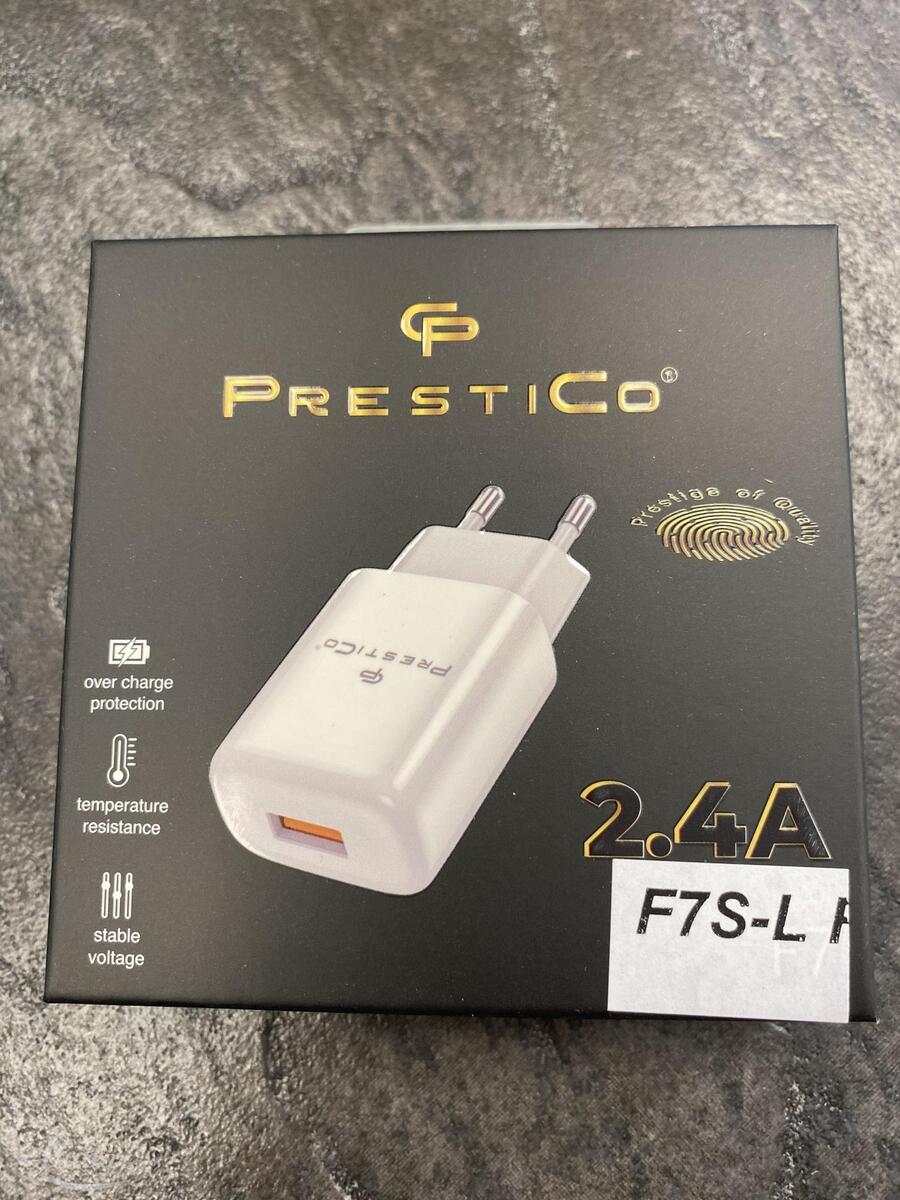 Laadija PRESTICO F7S 1xUSB + Juhe Lightning 2.4A valge UUS