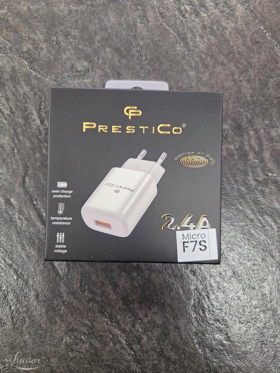 Laadija PRESTICO F7S 1xUSB + Juhe micro USB2.4A Valge
