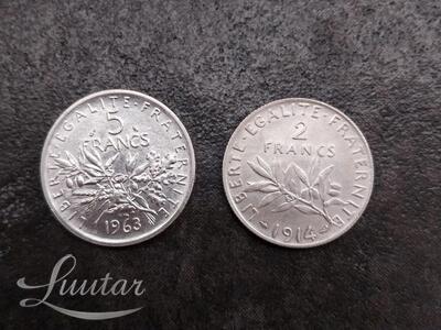 Hõbemündid "Prantsusmaa 5fr 1963a, 2fr 1914a (2tk)