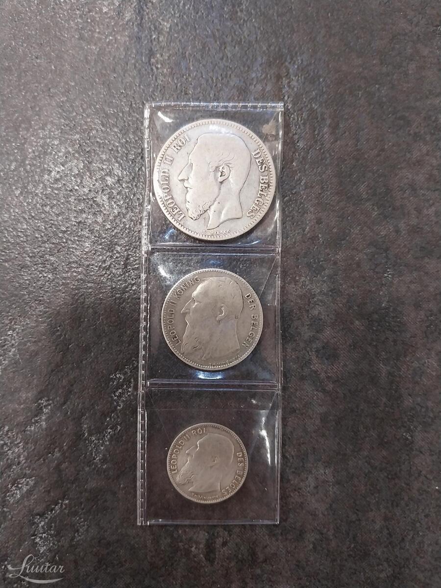 Hõbemündid 875* Belgia 2 Franki 1867, 1 Frank 1909, 50 senti 1909
