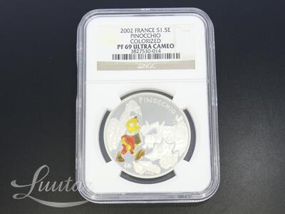 Hõbemünt 900* 2002 FRANCE SILVER 1.5 EURO PINOCCHIO NGC PF 69 ULTRA CAMEO SCARCE TOP POP