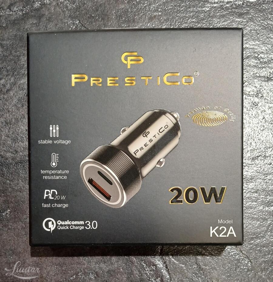 Autolaadija PRESTICO K2A USB + USB Type-C QC+PD 20W