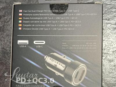 Autolaadija PRESTICO K2A USB + USB Type-C QC+PD 20W