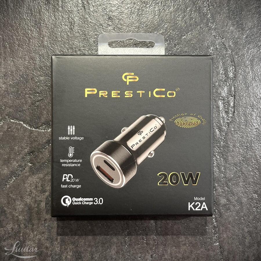 Autolaadija PrestiCo K2A USB + USB Type-C QC+PD 20W UUS!