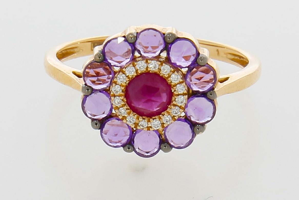 Tootefoto - Kuldsõrmus 585* Rubiin + Briljandid + Ametüstid