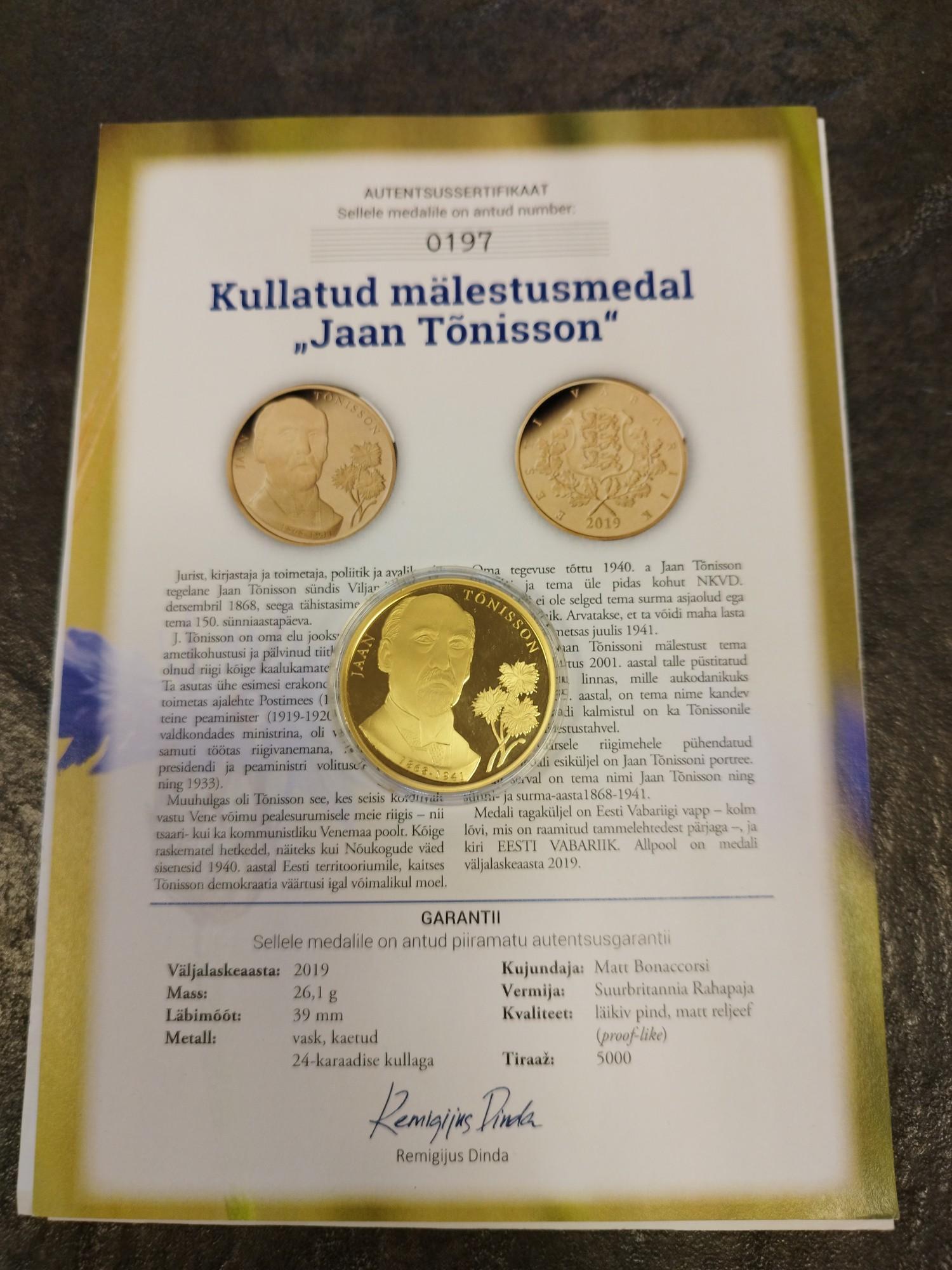 Tootefoto - Meenemünt Jaan Tõnisson 2019