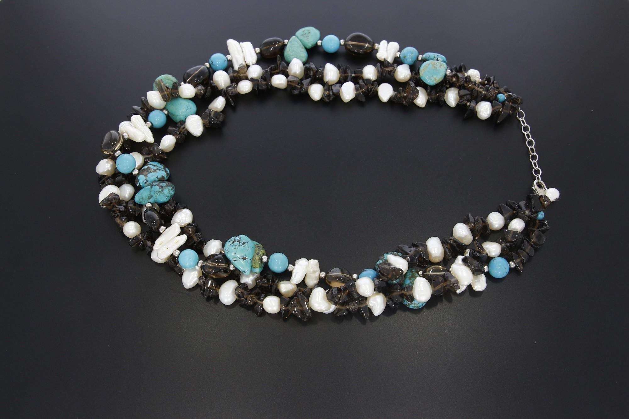 Tootefoto - Hõbekaelakett 925* Türkiis, Oonüks, Pärlid, Suitsukvarts